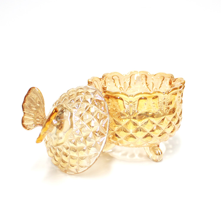 gold plated glass candy storage jars wholesale with butterfly shaped lid