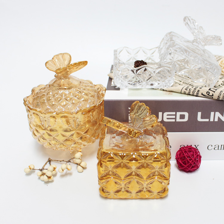 gold plated glass candy storage jars wholesale with butterfly shaped lid