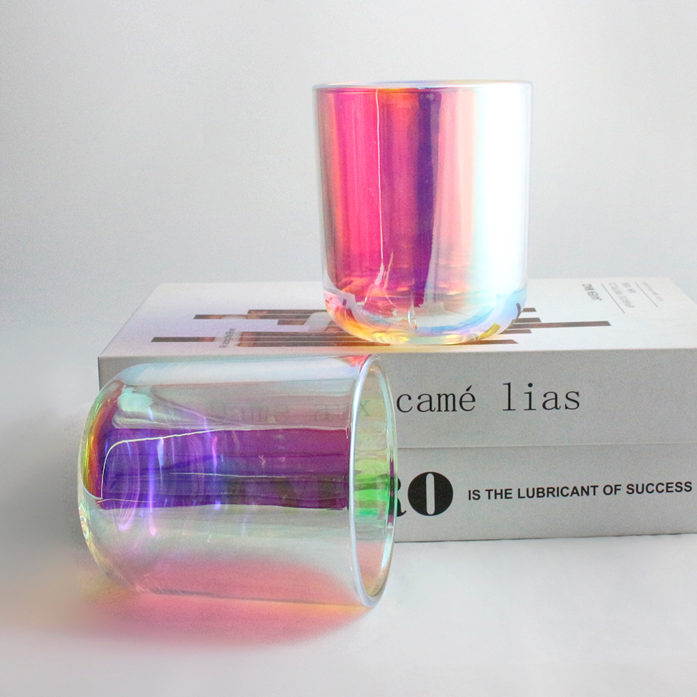 iridescent rainbow colors round bottom 16oz glossy empty wholesale custom fragrance series glass candle jar